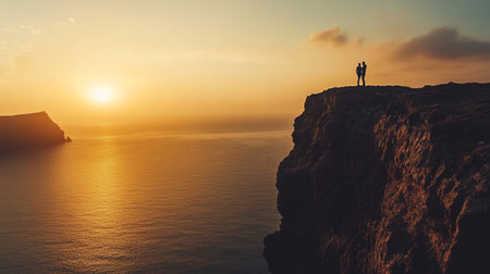 Silhouette of a man standing on the edge of a cliff at sunsetの写真素材