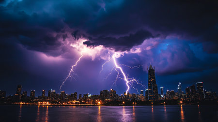 Thunderstorm over the city at night, with lightning in the sky