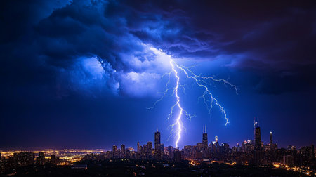 Lightning strike over cityscape at night, thunderstorm and lightning