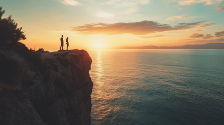 Silhouette of a man and a woman standing on the edge of a cliff and looking at the sunsetの写真素材