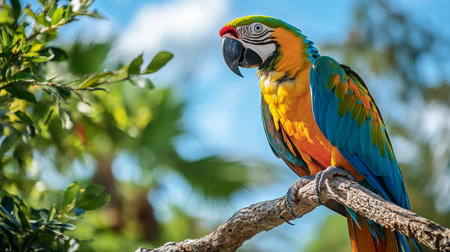 Colorful macaw sitting on a branch in the park. Ara ararauna