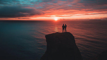 Silhouette of couple standing on the edge of cliff at sunsetの写真素材