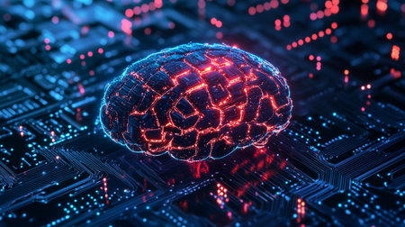 3D illustration of human brain on circuit board. Artificial intelligence concept