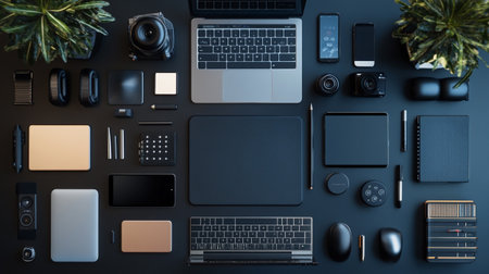 Top view of modern black office desk table with laptop, smartphone, tablet, notebook, pen, coffee...