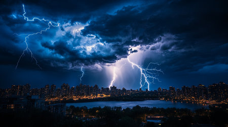 Lightning strikes the city at night. Thunderstorm over the city.