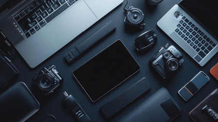Top view of photographer workspace with laptop, tablet, smartphone and other equipment on black...