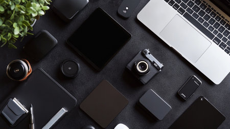 Top view of modern workplace with laptop, smartphone, tablet, camera and other items. Mock up