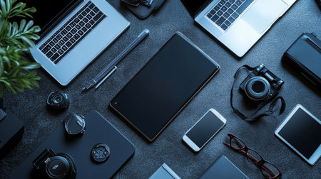 Top view of creative designer workspace with laptop, smartphone, camera and other items on black...