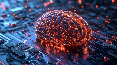 3D illustration of human brain in front of a computer circuit boardの写真素材