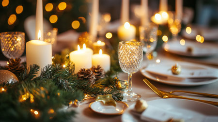 Beautiful Christmas table setting with candles and cutlery, closeup