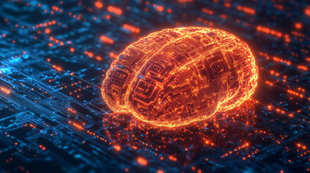 3D illustration of a human brain on a computer circuit board. Artificial intelligence concept