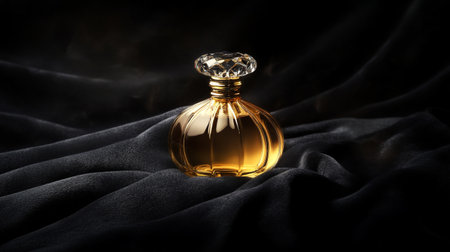 Perfume bottle on black fabric background. Luxury fragrance.