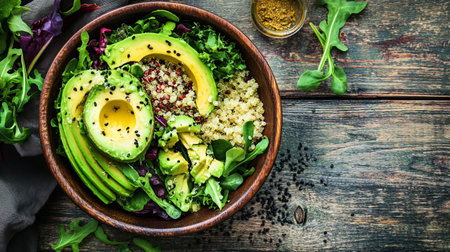 Avocado salad with quinoa and arugula on a rustic wooden background.の写真素材