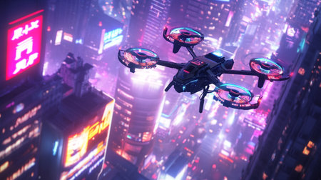drone flying over the city at night 3d illustration rendering imageの写真素材