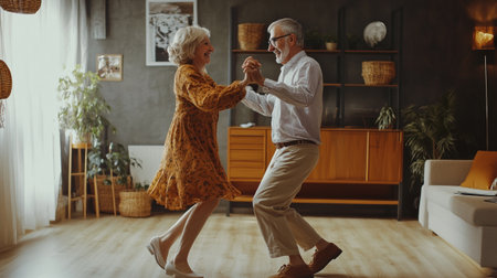 Happy senior couple dancing together at home. Cheerful elderly man and woman dancing at home.の写真素材