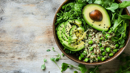 Quinoa salad with avocado, green peas and arugula in a bowl on a wooden background, top view