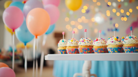 Cupcakes with colorful sprinkles and balloons on table at birthday party