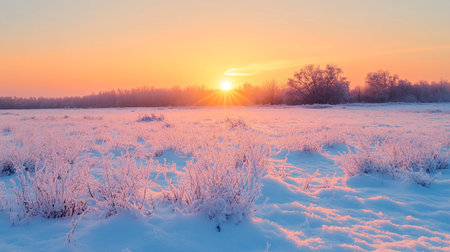Sunrise over a snow-covered field on a cold winter morning