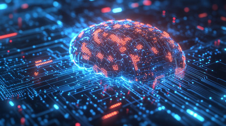 3D illustration of artificial intelligence concept. Human brain with circuit board background