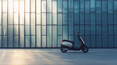Modern scooter parked in front of modern office building. 3D Rendering