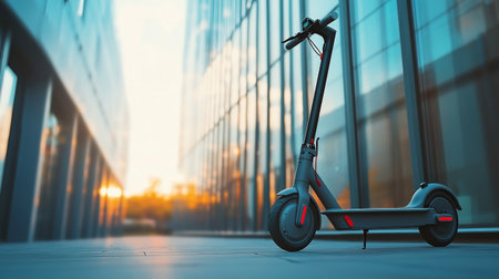Electric scooter in the city at sunset. 3d rendering.
