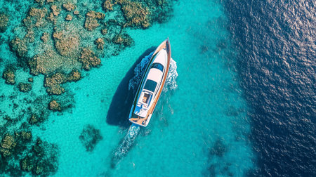 Aerial view of luxury yacht in turquoise sea water.