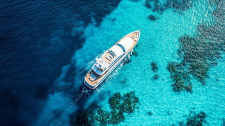 Aerial view of luxury yacht in turquoise sea water.の写真素材