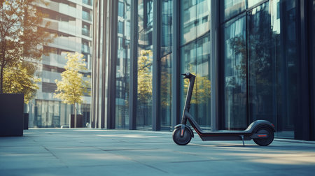 Modern electric scooter in the city. Alternative transport concept. 3D Rendering