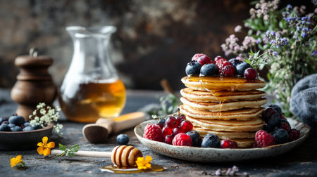 Pancakes with fresh berries and honey on dark rustic backgroundの写真素材