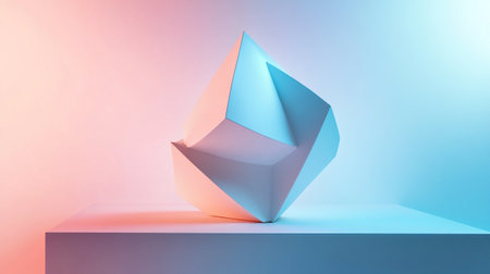Origami paper shape on blue and pink background. 3d render illustration.