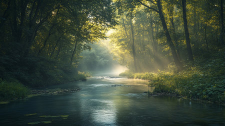River in the forest at dawn. Beautiful summer landscape with a river.