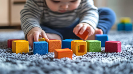 Cute baby boy playing with colorful wooden blocks on carpet at home