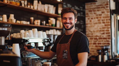 Portrait of smiling barista preparing coffee at counter in coffee shopのeditorial素材