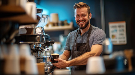 Portrait of a smiling male barista standing behind counter in a coffee shopのeditorial素材