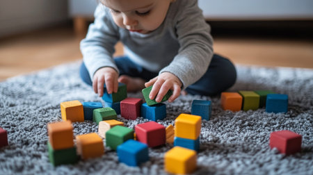 Cute baby boy playing with colorful wooden blocks on carpet at home