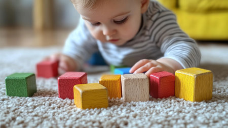 Cute baby playing with wooden blocks on carpet at home, closeupの写真素材