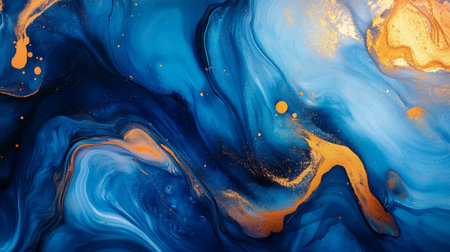 Blue and gold abstract acrylic background. Marbling artwork texture. Agate ripple pattern. Gold...