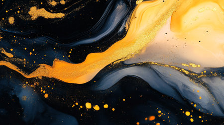 Marbled blue and golden abstract background. Liquid marble ink pattern.