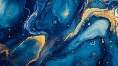 Marble abstract acrylic background. Blue marbling artwork texture. Agate ripple pattern. Gold...
