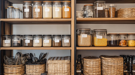 Assortment of spices and condiments in jars on shelves in store