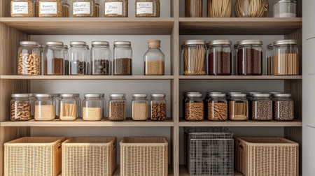 Wooden shelves with different types of beans in glass jars. 3d rendering