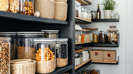 Shelves with different kinds of nuts and dried fruits in pantry