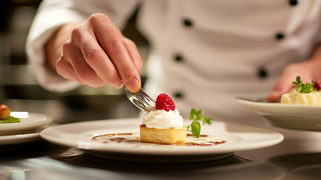 Chef decorating cake with cream and raspberries in restaurant kitchenの写真素材