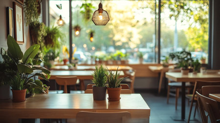 Interior of a cafe with tables, chairs and plants in pots