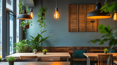 Interior of modern cafe with wooden tables and green plants in potsの写真素材