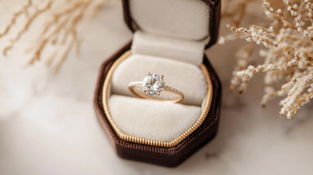 Wedding rings in a jewelry box on a marble background.
