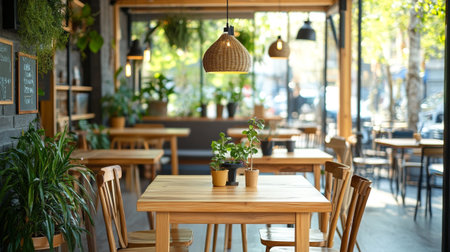 Interior of a cafe with wooden table and chairs, stock photo