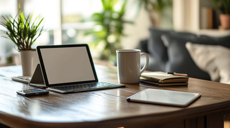 Mockup image of laptop and coffee cup on wooden table in modern living room