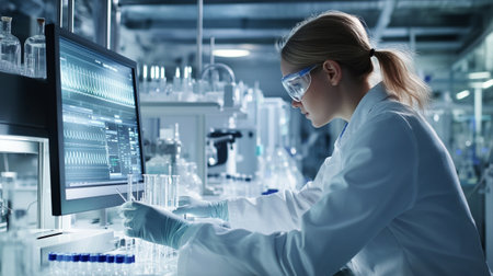 Young female researcher carrying out scientific research in a lab (color toned image; shallow DOF)のeditorial素材