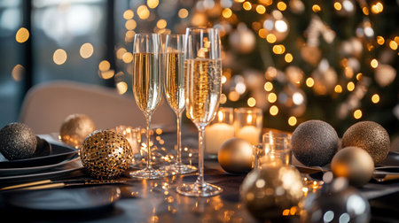 Glasses of champagne on table in room decorated for Christmas and New Yearの写真素材
